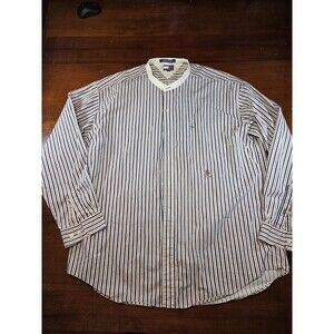 VINTAGE Tommy Hilfiger Shirt Mens XL Striped White Blue Red Crest Logo Grandad